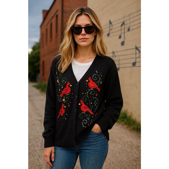 Woman’s Black Cotton Blend Cardigan W /Cardinals Holiday Grandma Chic Sz XL - Picture 1 of 6